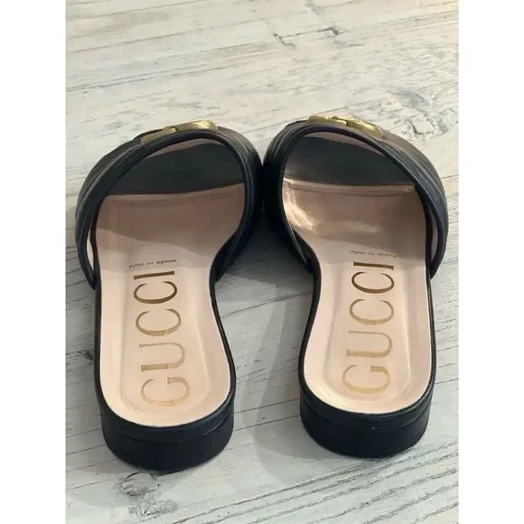 Gucci Marmont Women's Black Quilted Leather Slide Sandals Logo GG Size 39 - Picture 15 of 15